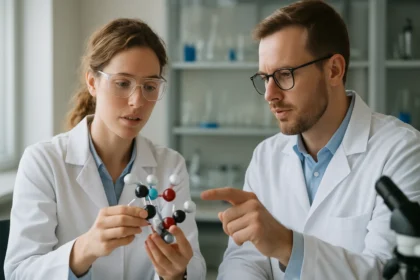 Két kutató elemzi a molekulákat az olajipari katalitikus hasítás folyamatában.