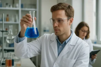 Kémikus kék folyadékkal teli lombikot tart a laboratóriumban