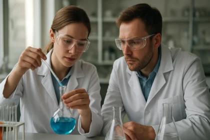 Kémikusok analízisen dolgoznak laboratóriumi környezetben.