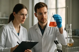 Két kémikus laboratóriumban 1H-benzotriazolt vizsgálva.