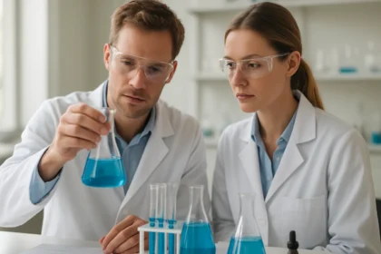 Két kutató a laborban, kémiai reakciókat vizsgálnak kék folyadékkal.