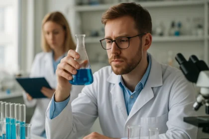 Laboratóriumi kémikus kék oldatot vizsgál