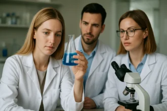 Laboratóriumi kísérlet kémikusokkal, gázkromatográfiához kapcsolódóan.