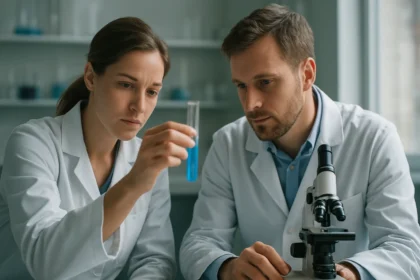 Két kutató kísérletezik kék oldattal laboratóriumban.