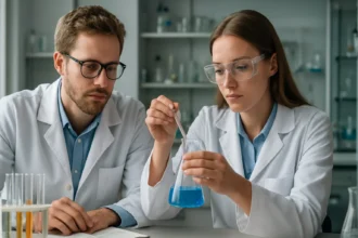 Kémiai laboratóriumban dolgozó kutatók, kationokkal kapcsolatos kísérlet