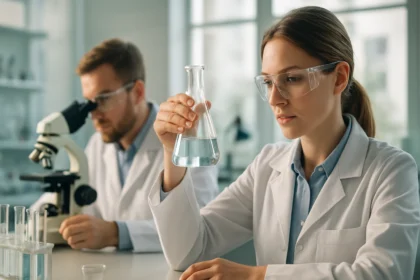 Kémikusok laboratóriumban kationos felületaktív anyagokkal dolgoznak.