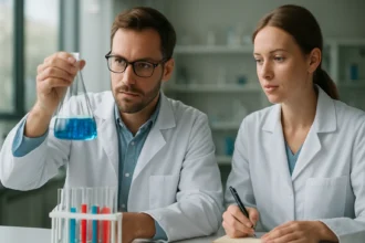 Két kémikus laboratóriumban kationos polimerizáción dolgozik.