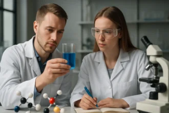 Két tudós laboratóriumban, blue oldatot vizsgálva.