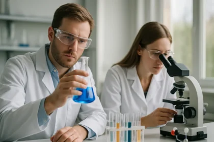 Két tudós laboratóriumban, kék folyadékot vizsgálnak üvegflaskában