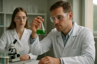 Két tudós laboratóriumban kémiai vegyületeket vizsgál.