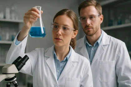 Kémiai kísérlet során kávésavat vizsgáló kutatók laboratóriumban