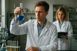 Kémiai kísérlet a laborban: férfi és női kutató