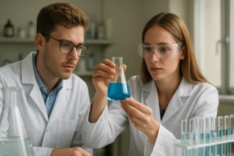 Két tudós laboratóriumban réz(II)-szulfát oldatot vizsgál