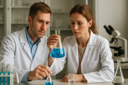 Kémikusok kék oldatot vizsgálnak laboratóriumban