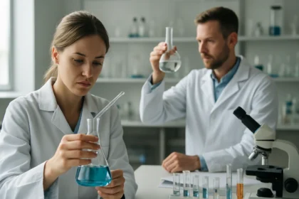 Két kutató kémiai kísérlet során, kék folyadékkal teli üvegek