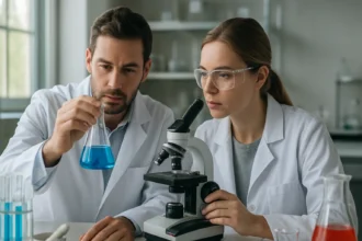 Két kutató laboratóriumban kémiai folyamatokat vizsgálva