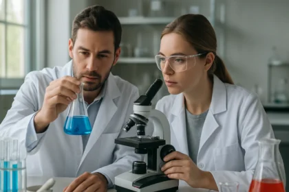 Két kutató laboratóriumban kémiai folyamatokat vizsgálva