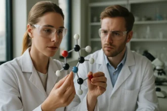 Két kémikus molekula szerkezetét vizsgálja laboratóriumban.