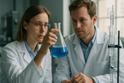 Két kémikus, akik egy kék folyadékkal teli lombikot vizsgálnak laborban.