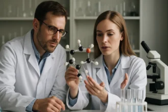 Két kutató kémiai affinitással kapcsolatos molekuláris struktúrát elemzi.