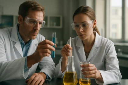 Kémiai kísérletek folyamatban, galvánelemek és elektrolizáló cellák elemzése.