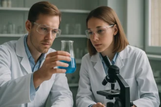 Két vegyész kémiai kísérletet végez laboratóriumban.