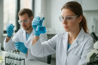 Két kémikus laboratóriumban kék folyadékkal végzi a kísérletet.