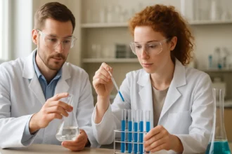 Kémiai kísérlet laboratóriumban, kémikusok dolgoznak a reakciósebességen.