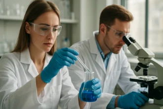 Két tudós laboratóriumban, kémiai kísérletet végző nő és mikroszkóppal dolgozó férfi.