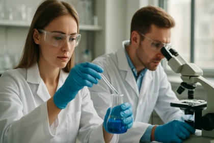 Két tudós laboratóriumban, kémiai kísérletet végző nő és mikroszkóppal dolgozó férfi.