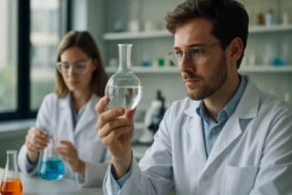 Kémikusok laboratóriumban különböző kémiai kötések vizsgálata közben.