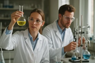 Két tudós laboratóriumban kémiai kísérletet végez