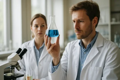 Két kutató különböző kémiai reakciót elemez a laboratóriumban.