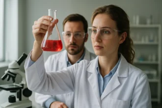 Laboratóriumi kémikusok kémiai reakciót végeznek vörös folyadékkal.