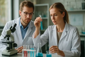 Két kutató laboratóriumban, kémiai kísérletek során