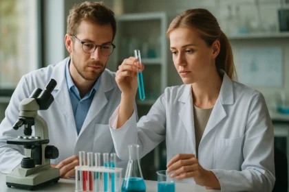 Két kutató laboratóriumban, kémiai kísérletek során