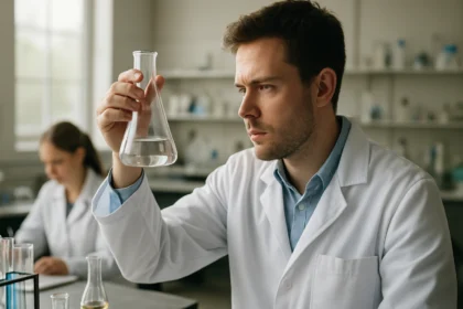 Kémikus laboratóriumban kémiai anyagot vizsgál.