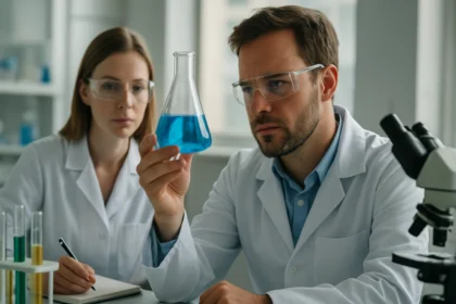 Kémikusok laboratóriumban kémiai reakciót vizsgálnak kék folyadékkal.