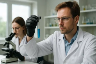 Kémikus laboratóriumban kémiai elemzést végez