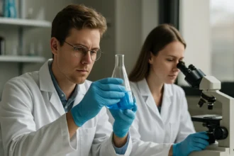 Két kutató laboratóriumban, a kémiai elméletek vizsgálatán dolgoznak.