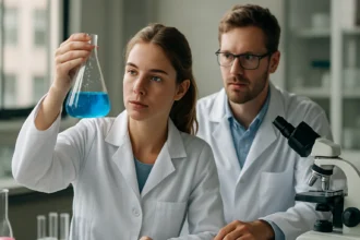 Kémiai kísérletezők laboratóriumban, kemosteriláns hatásvizsgálat közben.