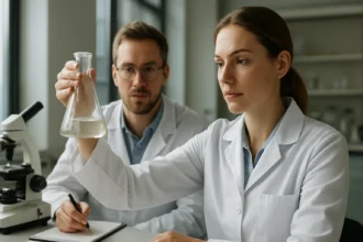 Kémiai kutatók laboratóriumban, kemószorpcióval kapcsolatos kísérlet