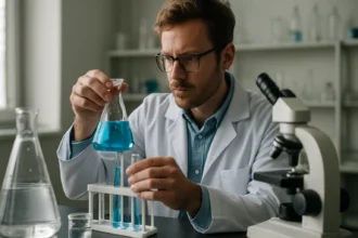 Laboratóriumban dolgozó tudós kémiai kísérletet végez