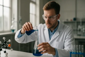 Laboratóriumi kísérlet közben a kémikus sötétkék folyadékot mér.