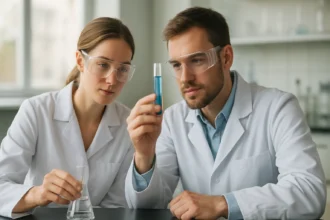 Kémiai kísérlet laboratóriumban kénsavval