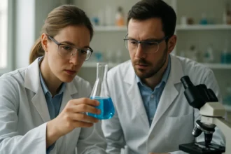 Kémiai kísérlet kénkloridokkal laboratóriumban