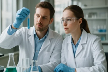 Kémikusok kén alapú színezékekkel végzett kísérletet végeznek laboratóriumban.