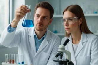 Két tudós laboratóriumban kémcsövet vizsgálva