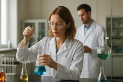 Kutatók laboratóriumban, kémiai kísérlet folyamatban