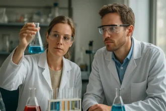 Kémikai kutatás laboratóriumban, szakértők különböző anyagokat vizsgálnak.